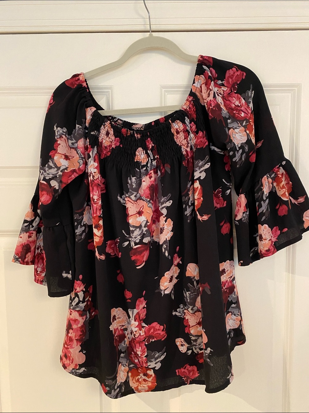 Black Floral Off-the-Shoulder Blouse with Smocked Neckline
